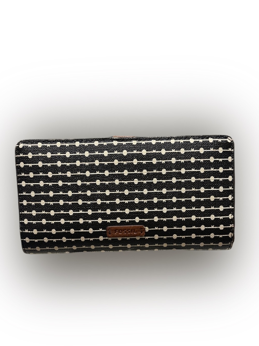 Fossil Black and Cream Dot-Stripe Zip Wallet
